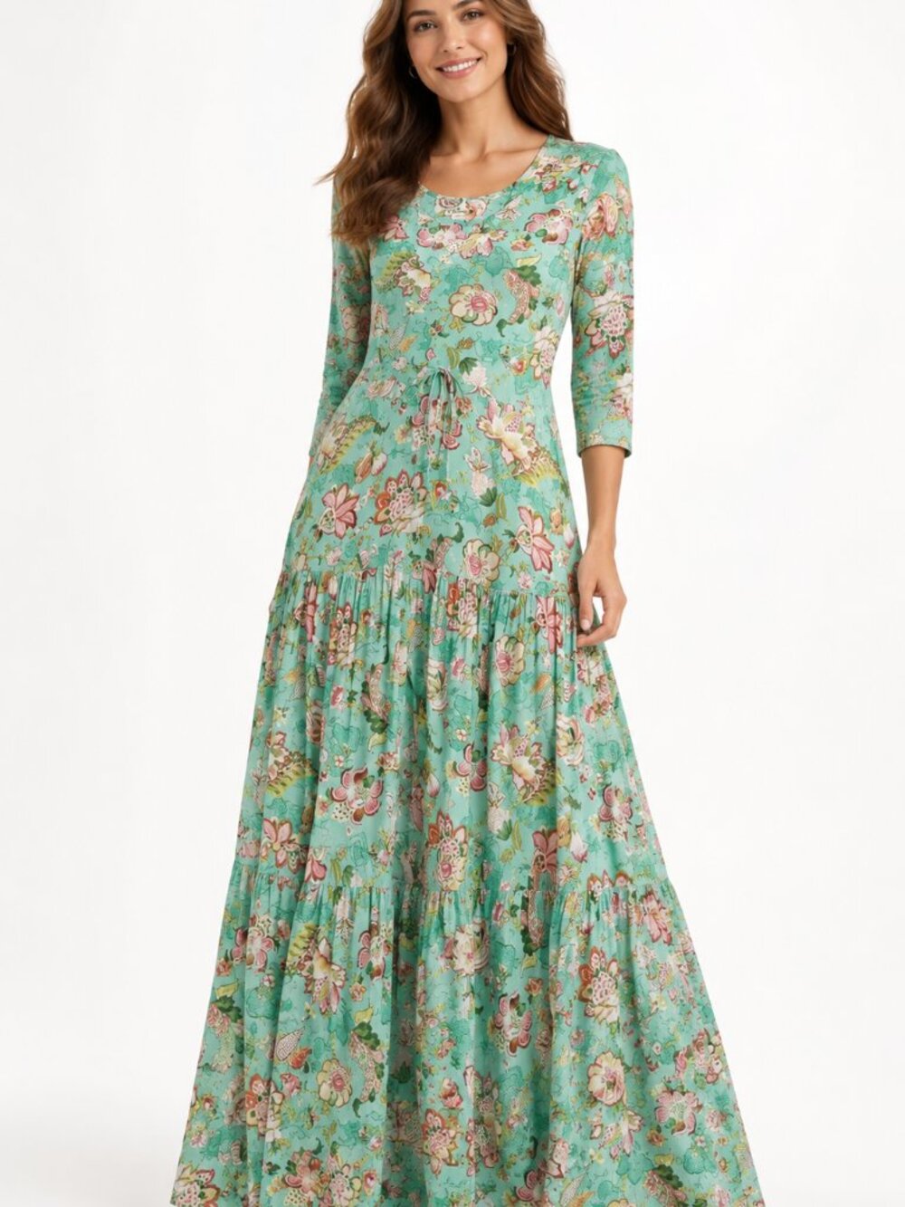 Anthropologie Sunday Mi Amor Aqua Floral Tiered Cottagecore Boho Maxi Dress Sz S